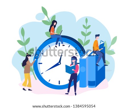 People reading near big clock and books vector illustration, Time to study, enjoying good book, learning, Education, learning. Knowledge sign, deadline, reminder, alarm clock, schedule.