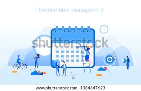 Planner or schedule concept, Effective time management, save time, teamwork, planning training activities,  organization, working time. Flat vector illustration.