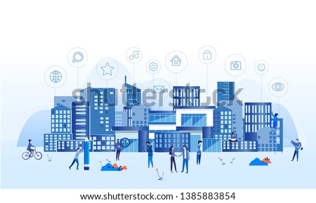 Concept Smart city for web page, banner, presentation, social media. Intelligent building isometric vector, Smart building, building on smartphone, 3d, system of intelligent, Big Data, Analytics