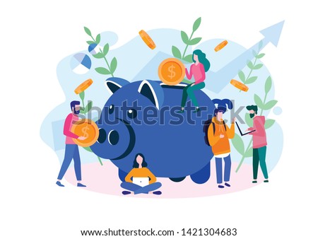 Large piggy bank with business people and golden coin. Financial services, small bankers are engaged in work,  saving or save money or open a bank deposit. Vector illustration for web, social media.