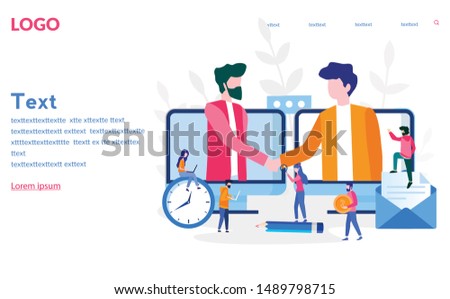 Two business partners shaking hands in big laptop. Online business, Partnership and agreement, with small employ around, cooperation and deal completed, remote concept vector illustration.