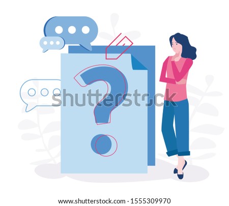 Question mark on document. Business woman asking questions around a huge question mark on paper. Vector illustration.for web banner, infographics, mobile website. 
