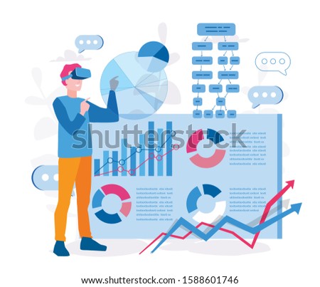 Augmented reality for data analysis, AR  VR in business, Man interacting with charts in computer and analyzing statistics, Vector illustration for web banner, infographics, mobile. Data visualisation