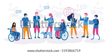 Disabled people work together in the office, world disability day, handicapped persons. Vector illustration for web banner, infographics, mobile