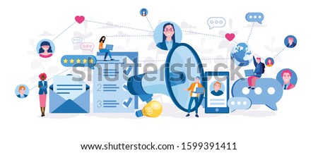 Social Media Marketing Communication, Public Relations, Vector illustration for web banner, infographics, mobile. People with Megaphone. SMM Networking, Internet Accounting Digital Technology, 