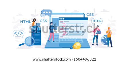 Website programming and coding. HTML CSS, Vector illustration for web banner, infographics, mobile. 