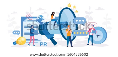 PR, Marketing campaign, Public relations. announcements through mass media to advertise your business. Vector illustration for web banner, mobile. Management and marketing strategy