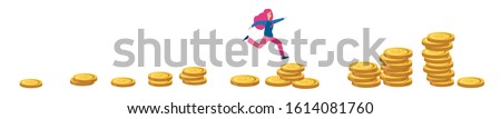 Woman move up motivation, run to their goal , Personal investment and pension savings, Vector illustration for web banner, infographics, mobile.Business woman is climbing stairs from stacks of coins 