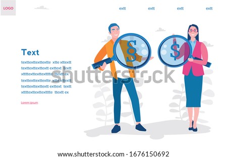 Businessman and businesswoman with loupe, dollars and paragraph sign. Vector illustration for web banner, infographics, mobile