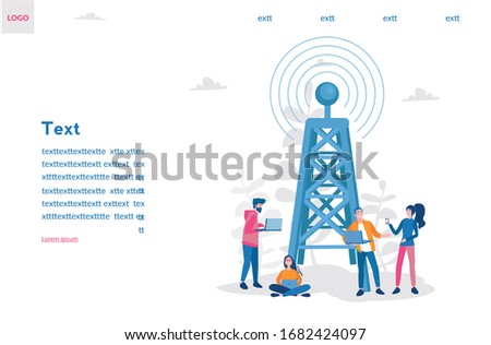 Radio tower and people with devises. Vector illustration for web banner, infographics, mobile