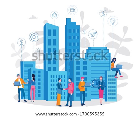 Concept Smart city for web page, banner, presentation, social media. Intelligent building isometric vector, Smart building,  system of intelligent, Big Data, Analytics