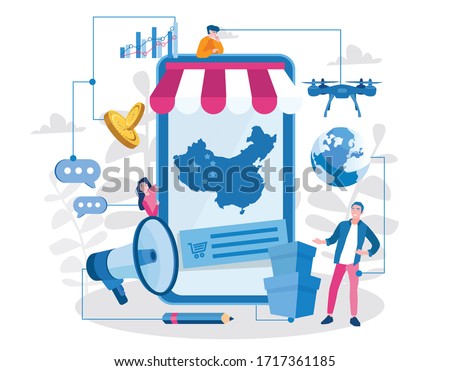 Produce in China and sell worldwide. Online shopping, China shop. Vector illustration for web banner, infographics, mobile. 