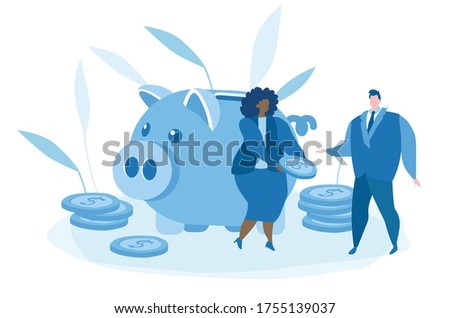 Large piggy bank with business people and coin. Financial services, small bankers are engaged in work,  saving or save money or open a bank deposit. Vector illustration for web, social media.