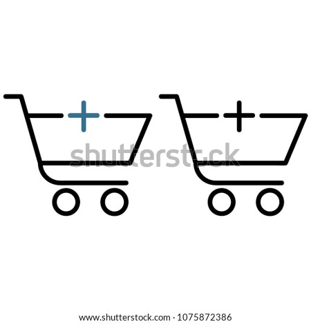 Shopping trolley with a plus icon, isolated on white background