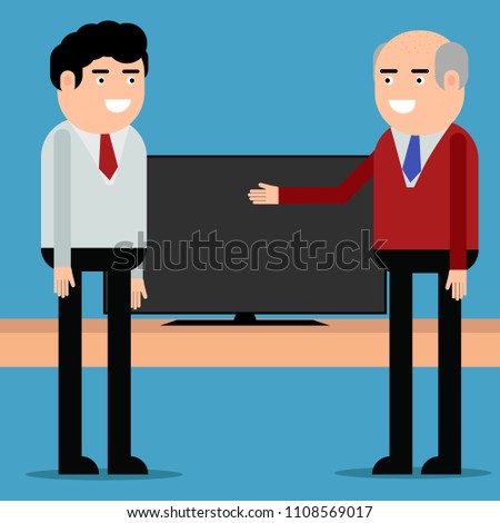The seller offers the TV to the client on blue background