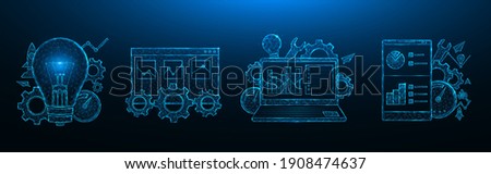 SEO optimization low poly design. Search engine optimization. Smartphone, laptop, browser window, light bulb, gears, speedometer, statistics data polygonal vector illustration