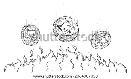 Polygonal vector illustration of burning Shiba inu. Shiba inu coins fall into the fire.