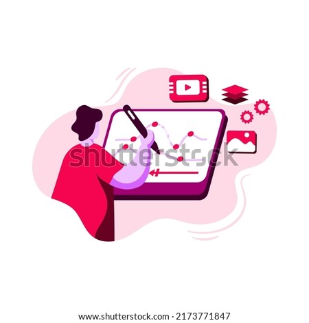 Keyframe Editing Icon Illustration vector for video editor, concept on man making animation in front of computer screen using pencil, perfect for ui ux, mobile app, landing page web, brochure