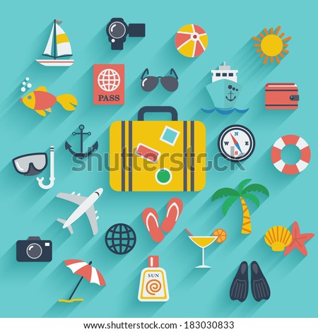 Flat icons set with long shadow effect of traveling on airplane, planning a summer vacation, tourism and journey objects and passenger luggage. Eps10