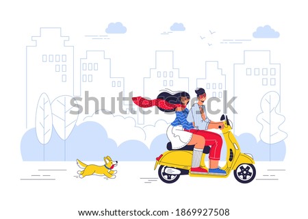 Guy and the girl are riding a scooter and a corgi dog runs after them with city background. Young couple travel on a motorcycle. Journey, travel concept. Cartoon character. Flat vector illustration.