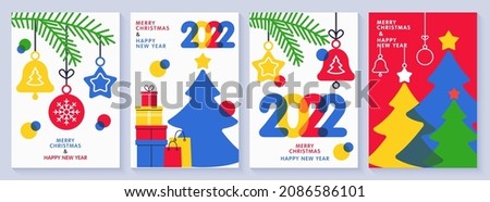 Merry Christmas and Happy New Year 2022 set greeting cards, posters, holiday covers. Modern Xmas design in blue, red, yellow, green and white colors. Christmas tree, fir branch, balls, gifts elements