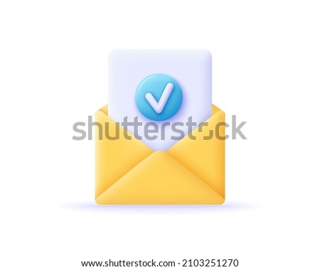 3d envelope render. Check mark icon. Approvement concept. Document and postal envelope. 3d envelope realistic vector illustration.