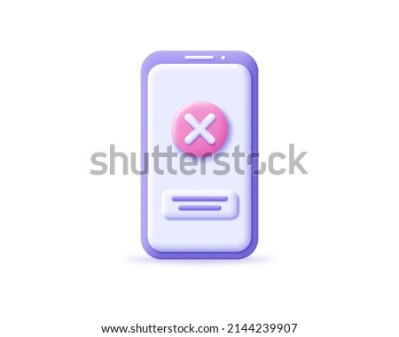 3d smartphone icon with close, exit or delete button. Render mobile with cross. The concept of deleting, error, closing and exiting the app. 3d cellphone realistic vector illustration