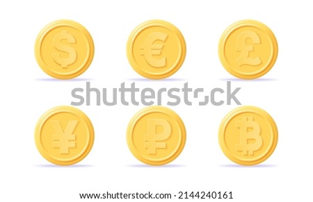 3D coins icons set dollar, euro, pound, yen, ruble and bitcoin . 3d money render. Currency exchange, business financial investment and stock market investment. 3d realistic coins vector illustration