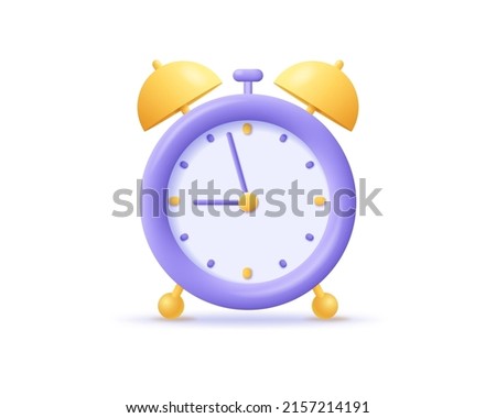 Alarm clock 3d icon with hands. Render watch for home and school. Concept of ringing, time and deadline. 3d realistic vector illustration alarm clock