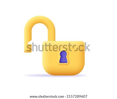 Unlocked padlock 3d icon. Render open door yellow lock. Security, safety, protection, privacy and encryption concept. 3d vector cartoon minimal illustration