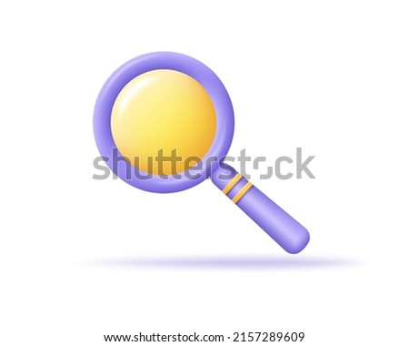 Magnifying glass 3d icon. Render purple loupe. Search, find, navigation, zoom, analysis, education concept. 3d vector cartoon minimal illustration