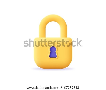Locked padlock 3d icon. Render closed door yellow lock. Security, safety, protection, privacy and encryption concept. 3d vector cartoon minimal illustration