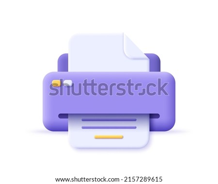 3d paper printer icon. Render paper printer prints the text of document. Concept of printing data file on paper, business, office and home work. 3d vector cartoon minimal illustration