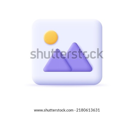 3d jpg, image, photo file icon. Concept multimedia file. Render picture in frame landscape with mountains and sun. 3d vector cartoon minimal illustration			
