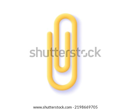 3d paperclip attachment icon. Render paper clip symbol for notes, attach file business or office document. Office element stationery and school supply. 3d vector cartoon minimal illustration