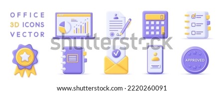 3d set office, business, finance, education icons. Render office symbol for desktop. 3d vector cartoon minimal illustration