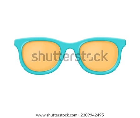 3d sunglasses vector icon. Render blue sunglasses with yellow lens optic for summer beach, tourism, travel, vacation, holiday concept. 3d rendering realistic plastic glasses cartoon illustration