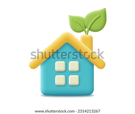 3D eco house with leaf, ecology icon. Render eco-friendly house for protect environment, global warming, save earth, green energy concept. 3d green home vector cartoon minimal illustration.
