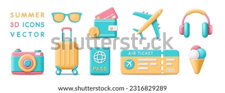 3d set summer icons. Render 3d icons for summer vacation, holiday, travel, journey, tourism, booking, business and time to travel concept. 3d rendering cartoon summer icons minimal vector illustration
