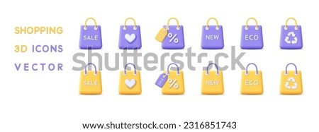 3d icons set bag for shop. Render 3d bag icons for online shopping, sale, eco, new product and favorite, discount card and recycle package concept. 3d rendering cartoon bag icons. Vector illustration