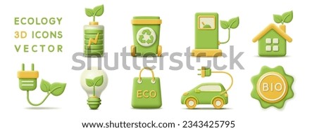 3d eco green set vector icons. Render environmental symbol for eco-friendly, protect environment, clean alternative energy, fuel, recycle waste and global warming. 3d rendering eco illustration