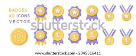 3d set yellow medals with star and ribbon icons. Render gold medal for premium quality certificate, best customer, winner, first place and e-commerce. 3d rendering plastic badge cartoon illustration