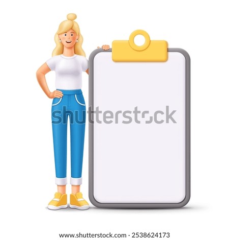 3d young woman showing empty clipboard, blank document. Render business, office, education and mockup concept. 3d vector people character. Cheerful young smiling woman holding big clipboard or pad