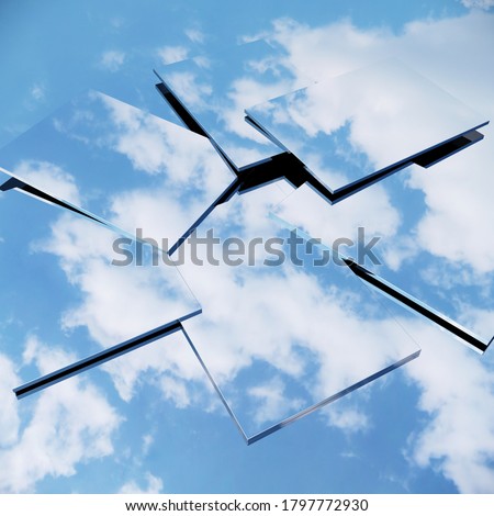 Mirrors Reflection put down with sky reflection. 3D illustration Creative Idea Foto stock © 