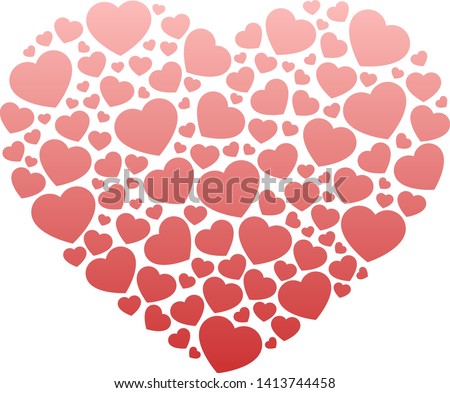 Big heart shape filled with small hearts. Red and pink gradient vector heart for Valentine card and wedding invitation.