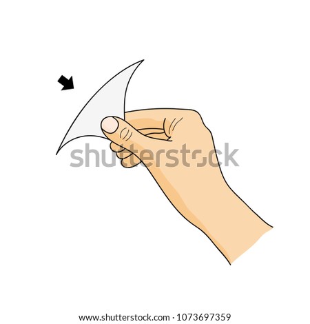 Open here colored icon. A hand removing a label from the product. Vector sticker.