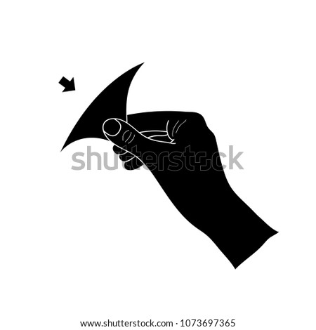 Open here black icon. A hand removing a label from the product. Vector sticker.