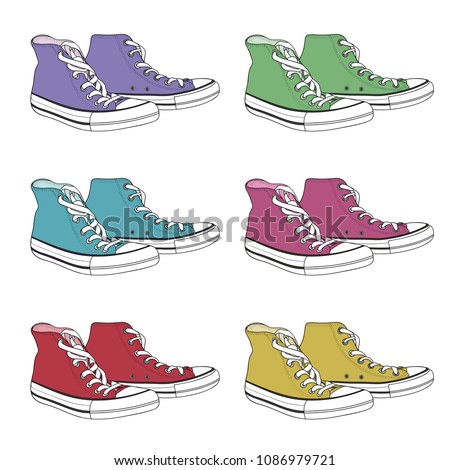 Set of hipster sneakers with purple, green, blue, pink, red and yellow color. Vector.