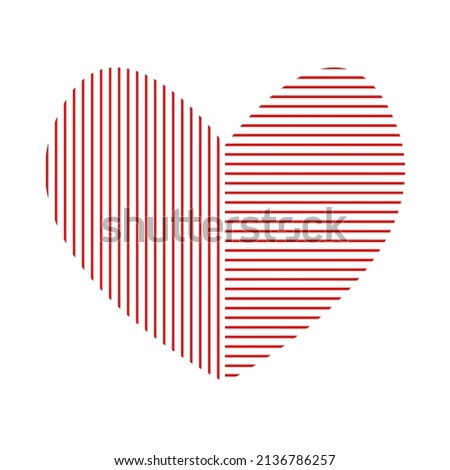 Heart of two halves shaded with red lines. Left part shaded with red vertical lines. Right side shaded with red horizontal lines. Love traditional icon. Symbolizes excitement, sensitivity, kindness.