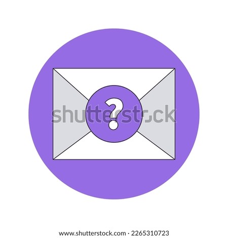 Postal closed envelope with round seal on purple circle. Question mark on purple stamp. White envelope mockup. Receiving or sending email. Subject of message, correspondence or office documents.